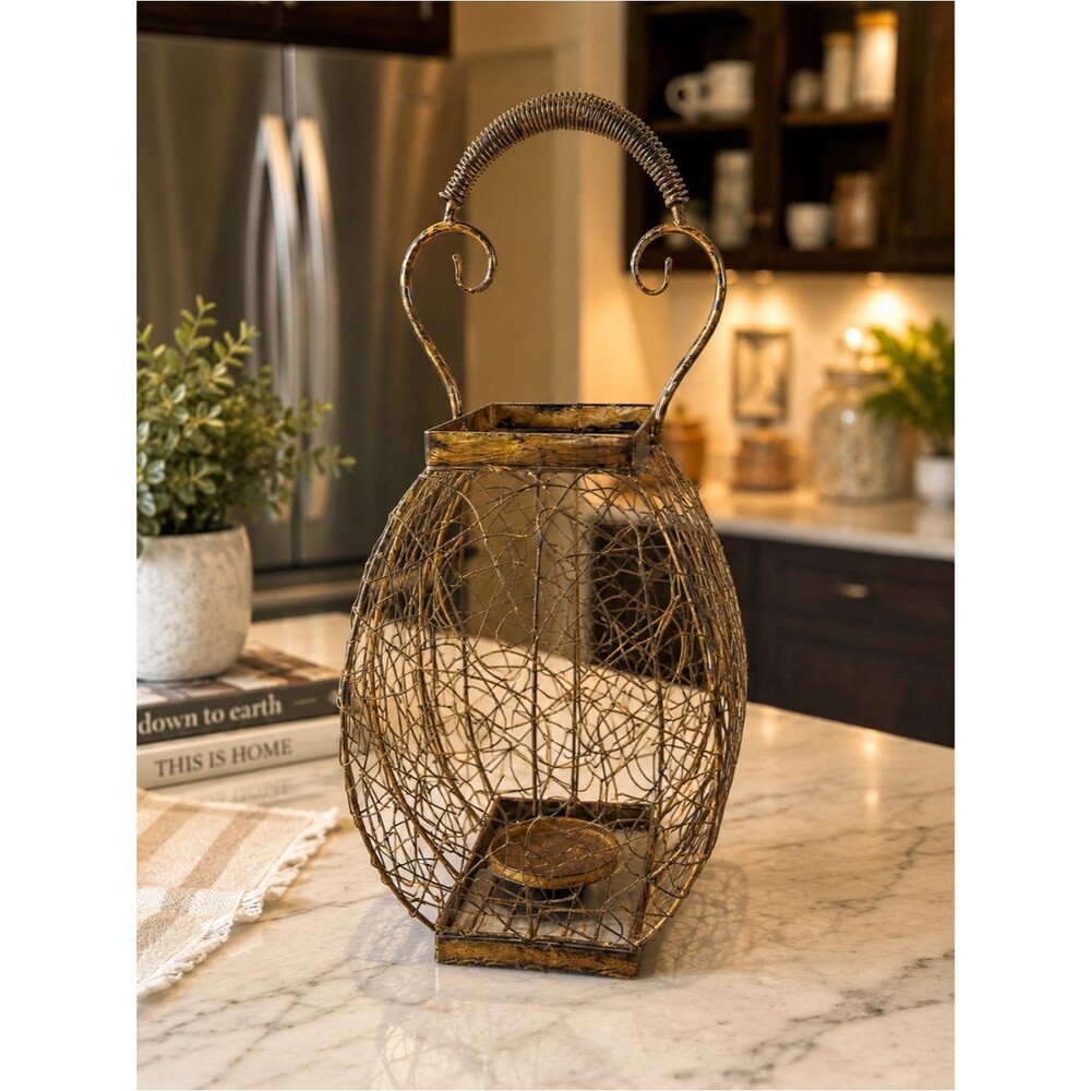 Rustic Gold Wire Lantern - Decorative Home Accent